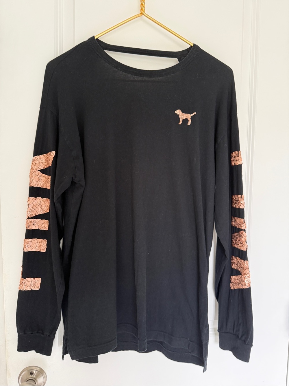 PINK Victoria's Secret Black Long Sleeve Tee Rose Gold Sequin Logo BLING M